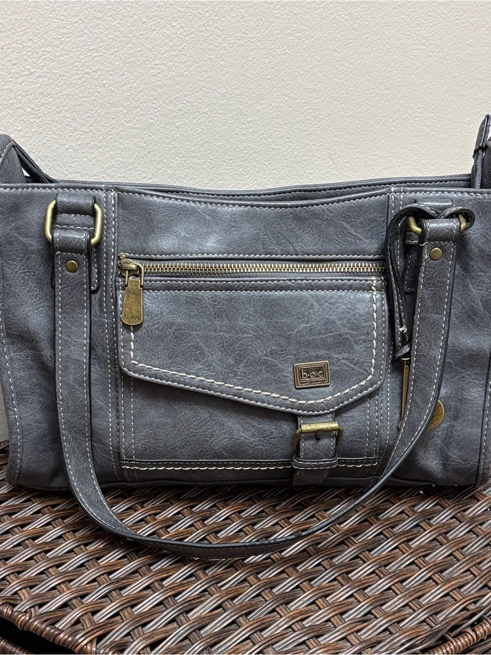 b.o.c. Gray Faux Leather Shoulder Bag with Front Zip Pocket